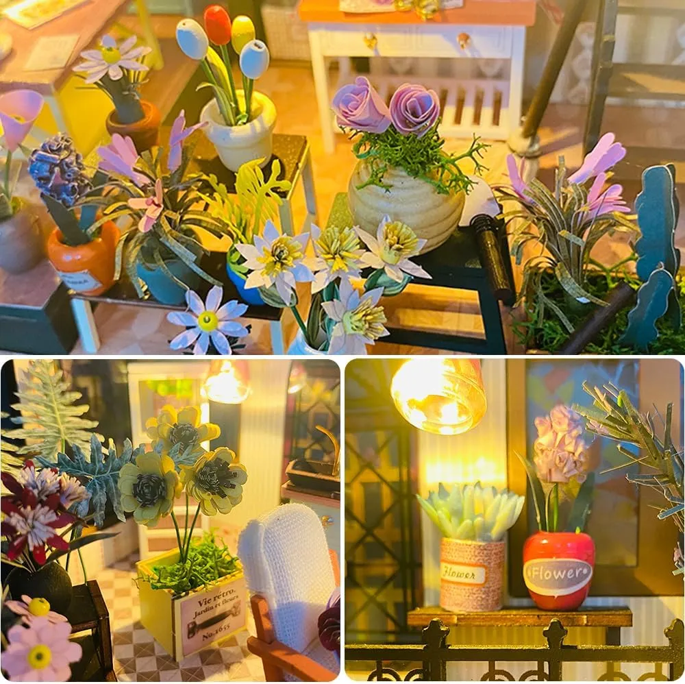DIY Miniature Dollhouse Kit, Mini House Making Kit with Furnitures and Light, Tiny House Kit to Build for Adults, Hobby Craft Gift for Mothers Day, Romantic Flower House