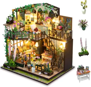 DIY Miniature Dollhouse Kit, Mini House Making Kit with Furnitures and Light, Tiny House Kit to Build for Adults, Hobby Craft Gift for Mothers Day, Romantic Flower House