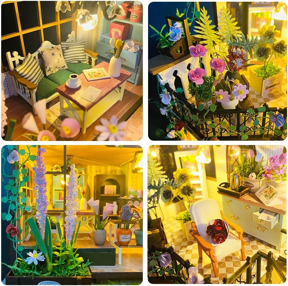 DIY Miniature Dollhouse Kit, Mini House Making Kit with Furnitures and Light, Tiny House Kit to Build for Adults, Hobby Craft Gift for Mothers Day, Romantic Flower House