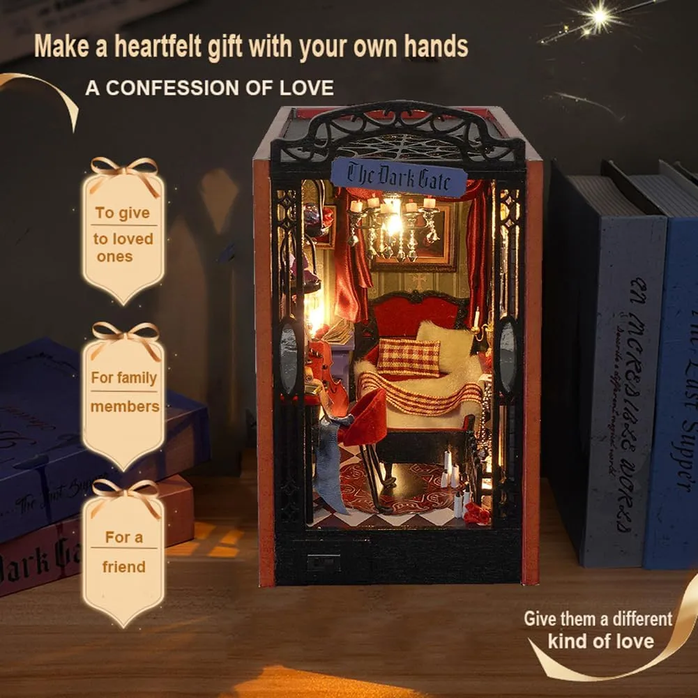 DIY Miniature House Kit, European Style Book Nook Kit, Illusion Mirror Design Miniature Dollhouse Kit, Booknook Bookshelf Desktop Decor Model Build Creativity Gift for Women and Adults