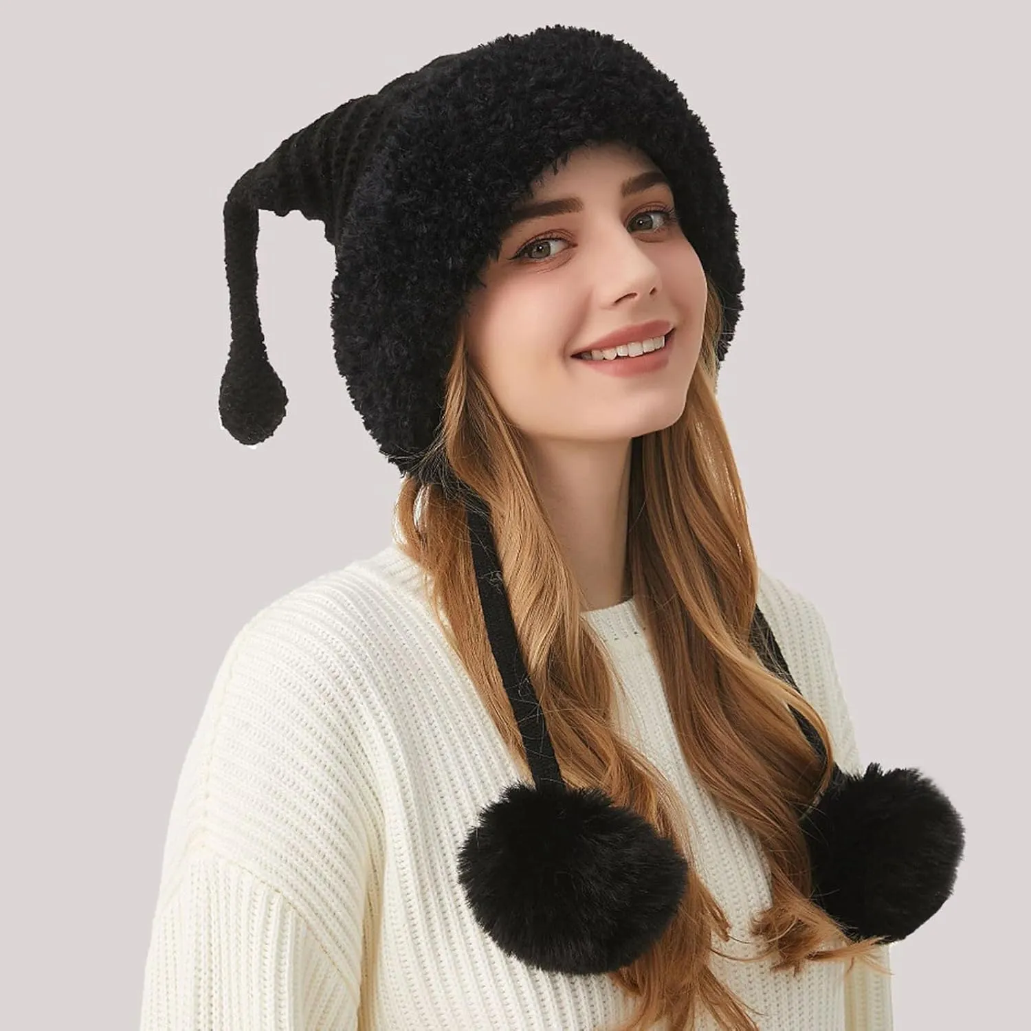 DOCILA Winter Beanie Hat for Women Warm Fleece Lined Pom Knit Earflap Hats Cute Outdoor Snow Ski Skull Cap