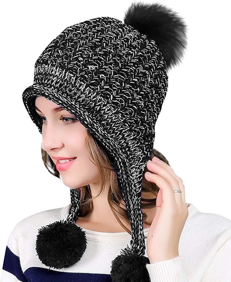 DOCILA Winter Beanie Hat for Women Warm Fleece Lined Pom Knit Earflap Hats Cute Outdoor Snow Ski Skull Cap