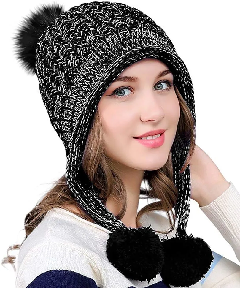 DOCILA Winter Beanie Hat for Women Warm Fleece Lined Pom Knit Earflap Hats Cute Outdoor Snow Ski Skull Cap