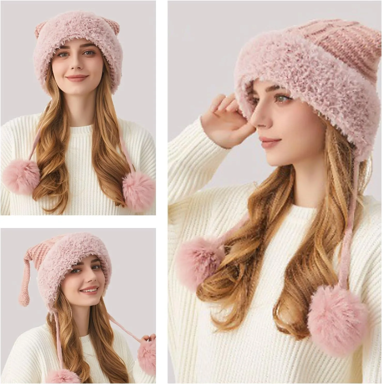 DOCILA Winter Beanie Hat for Women Warm Fleece Lined Pom Knit Earflap Hats Cute Outdoor Snow Ski Skull Cap