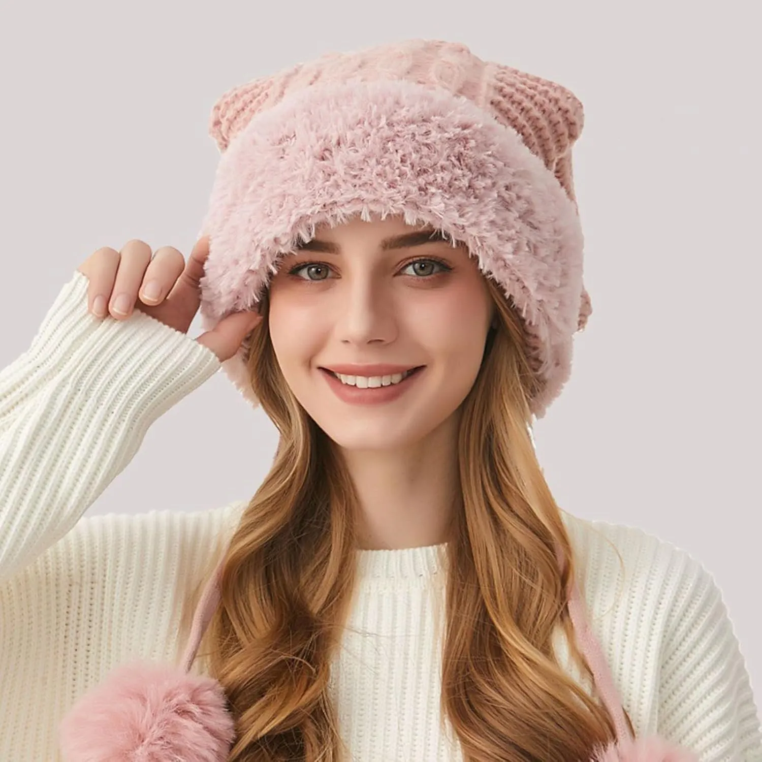 DOCILA Winter Beanie Hat for Women Warm Fleece Lined Pom Knit Earflap Hats Cute Outdoor Snow Ski Skull Cap