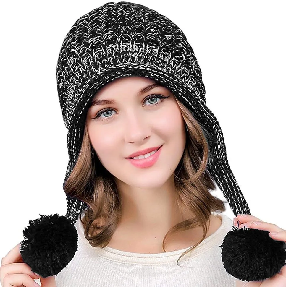 DOCILA Winter Beanie Hat for Women Warm Fleece Lined Pom Knit Earflap Hats Cute Outdoor Snow Ski Skull Cap