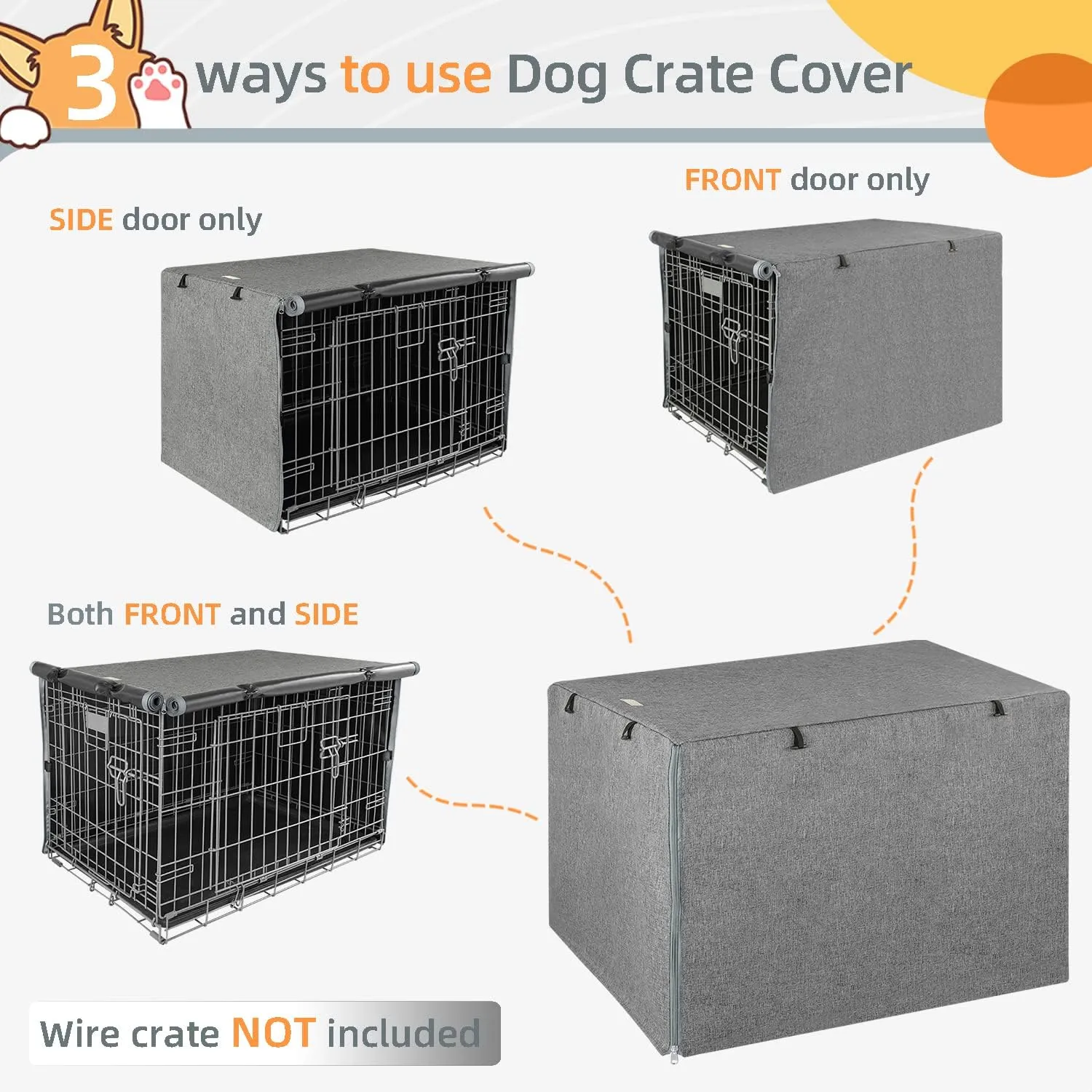 Dog Crate Cover - Kennel Covers Fit for 24 Inch Dogs Crate, Double Door Polyester for Wire Puppy Cage Indoor Outdoor Protection, Grey