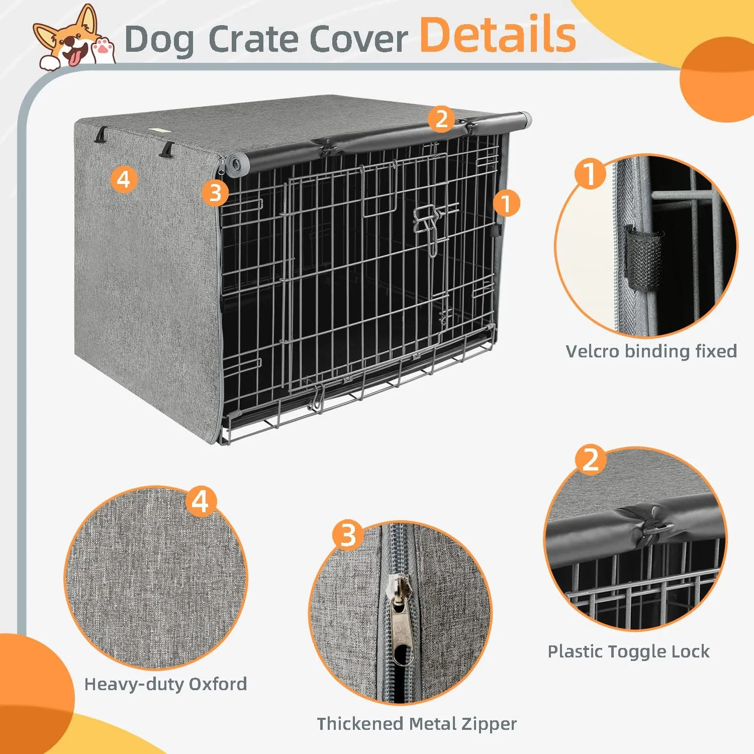 Dog Crate Cover - Kennel Covers Fit for 24 Inch Dogs Crate, Double Door Polyester for Wire Puppy Cage Indoor Outdoor Protection, Grey
