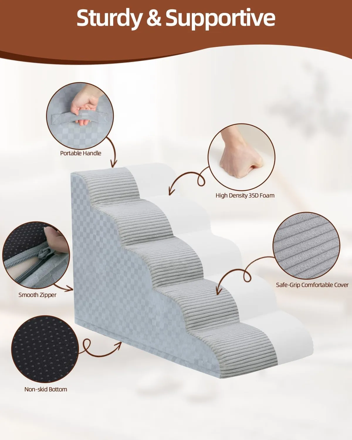 Dog Stairs Curved Ramp for Small Dogs 19.5" H, 4-Step Pet Stairs for Couch Bed with High Density Foam, Dog Slope Stairs with Durable Non-Slip Bottom Grey