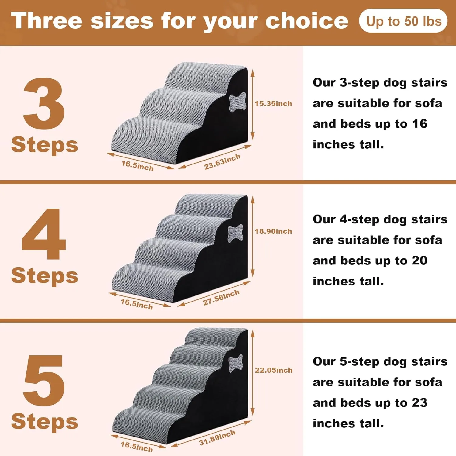 Dog Stairs for Small Dogs, 15.35”H 3 Steps Pet Steps for High Beds and Couch, Non-Slip Bottom Dog Steps,High Density Foam Pet Stairs Ramp for Small Dogs and Cats, with Removable Washable Cover, Grey
