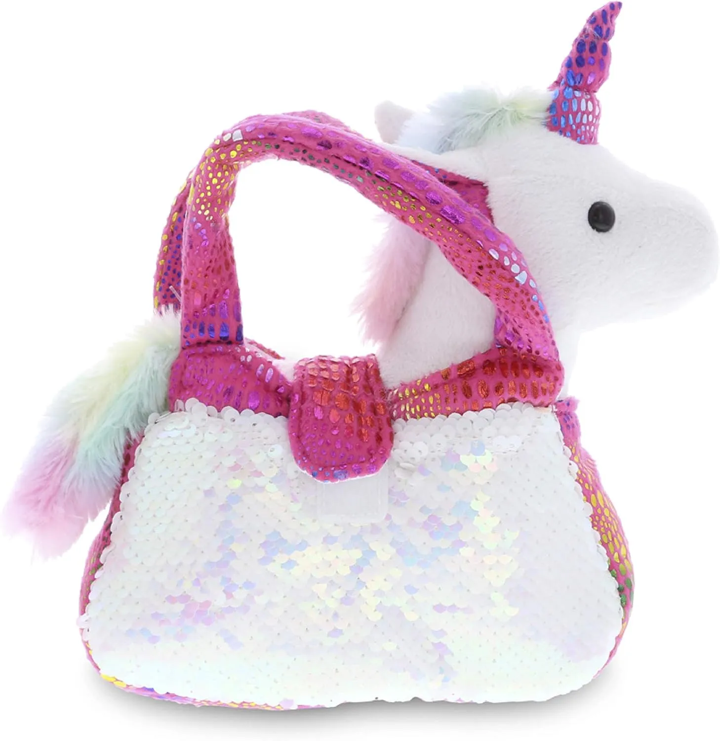 DolliBu Pink Unicorn Plush Reversible Sequin Pet Carrier Handbag, White Sparkle Soft Stuffed Animal Carrier Toy Purse for Little Girls, Cute Toddler Girl's Pretend Play 9 Inch