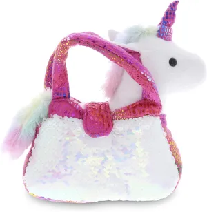 DolliBu Pink Unicorn Plush Reversible Sequin Pet Carrier Handbag, White Sparkle Soft Stuffed Animal Carrier Toy Purse for Little Girls, Cute Toddler Girl's Pretend Play 9 Inch