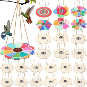 DoubleFill 24 Pcs Bird Feeder Craft Kits for Kids Ages 3-8 Make Your Own Bird Feeders Kids Arts and Crafts DIY Wooden Art Painting Bird Feeders for Outside DIY Craft for Garden Outdoor Decoration