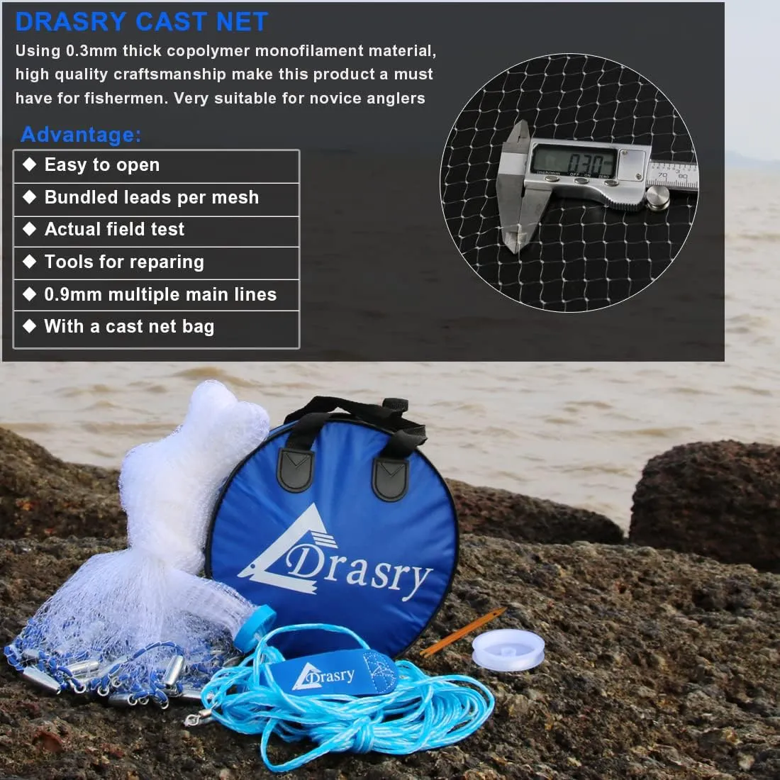 Drasry Saltwater American Fishing Cast Net 3/8inch Mesh Size for Bait Shrimp Trap Fish Heavy Duty Sinkers Throw Net 3FT/4FT/5FT/6FT/7FT/8FT/9FT/10FT Radius