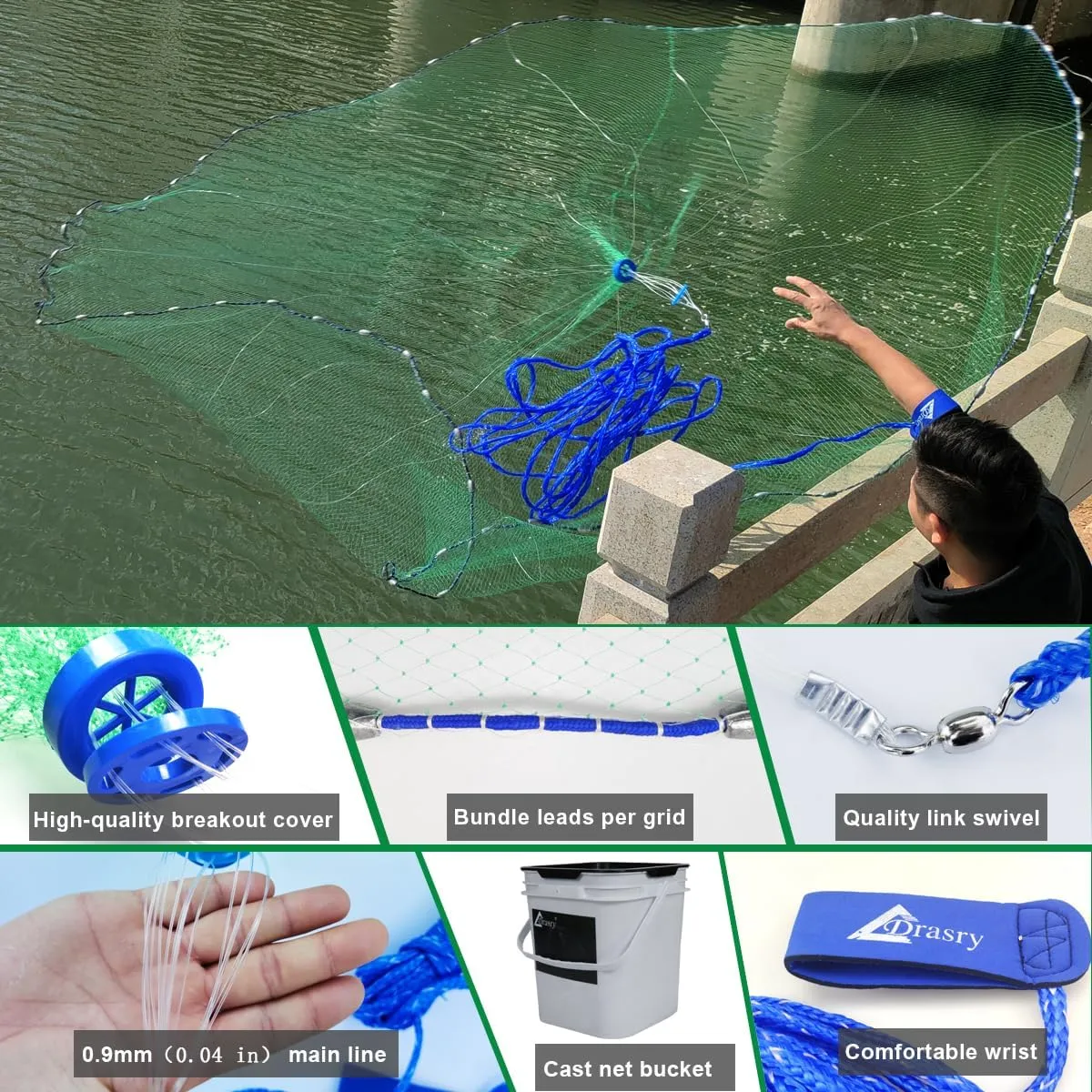 Drasry Saltwater American Fishing Cast Net 3/8inch Mesh Size for Bait Shrimp Trap Fish Heavy Duty Sinkers Throw Net 3FT/4FT/5FT/6FT/7FT/8FT/9FT/10FT Radius