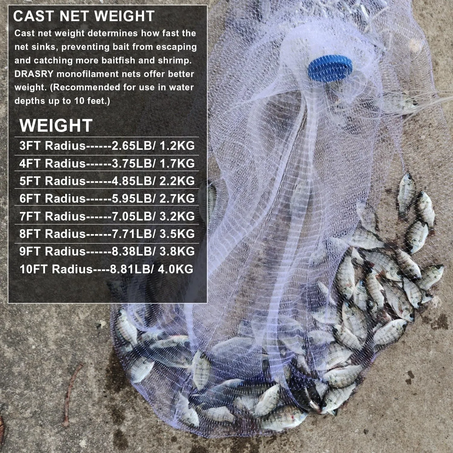 Drasry Saltwater American Fishing Cast Net 3/8inch Mesh Size for Bait Shrimp Trap Fish Heavy Duty Sinkers Throw Net 3FT/4FT/5FT/6FT/7FT/8FT/9FT/10FT Radius