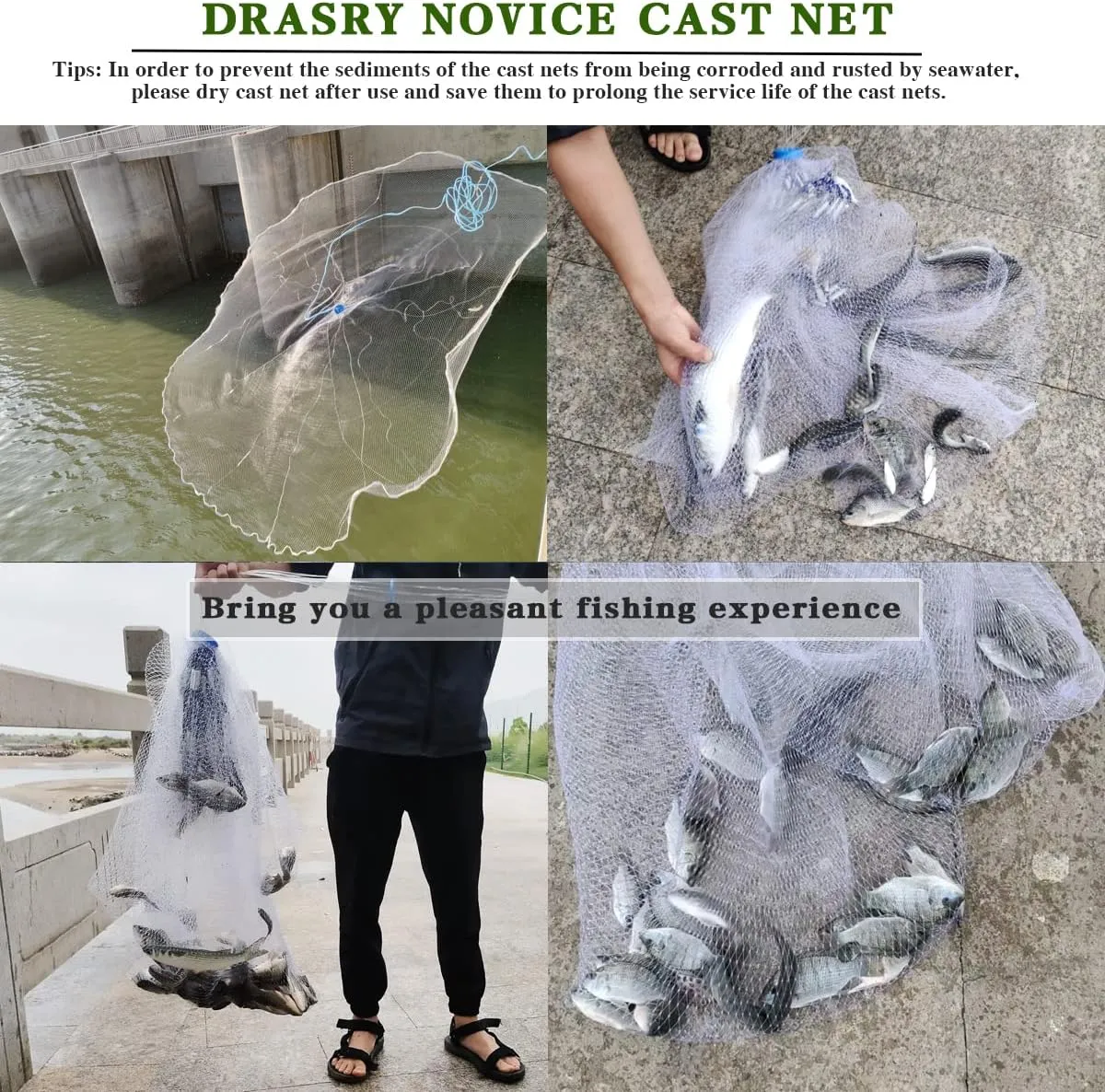 Drasry Saltwater American Fishing Cast Net 3/8inch Mesh Size for Bait Shrimp Trap Fish Heavy Duty Sinkers Throw Net 3FT/4FT/5FT/6FT/7FT/8FT/9FT/10FT Radius