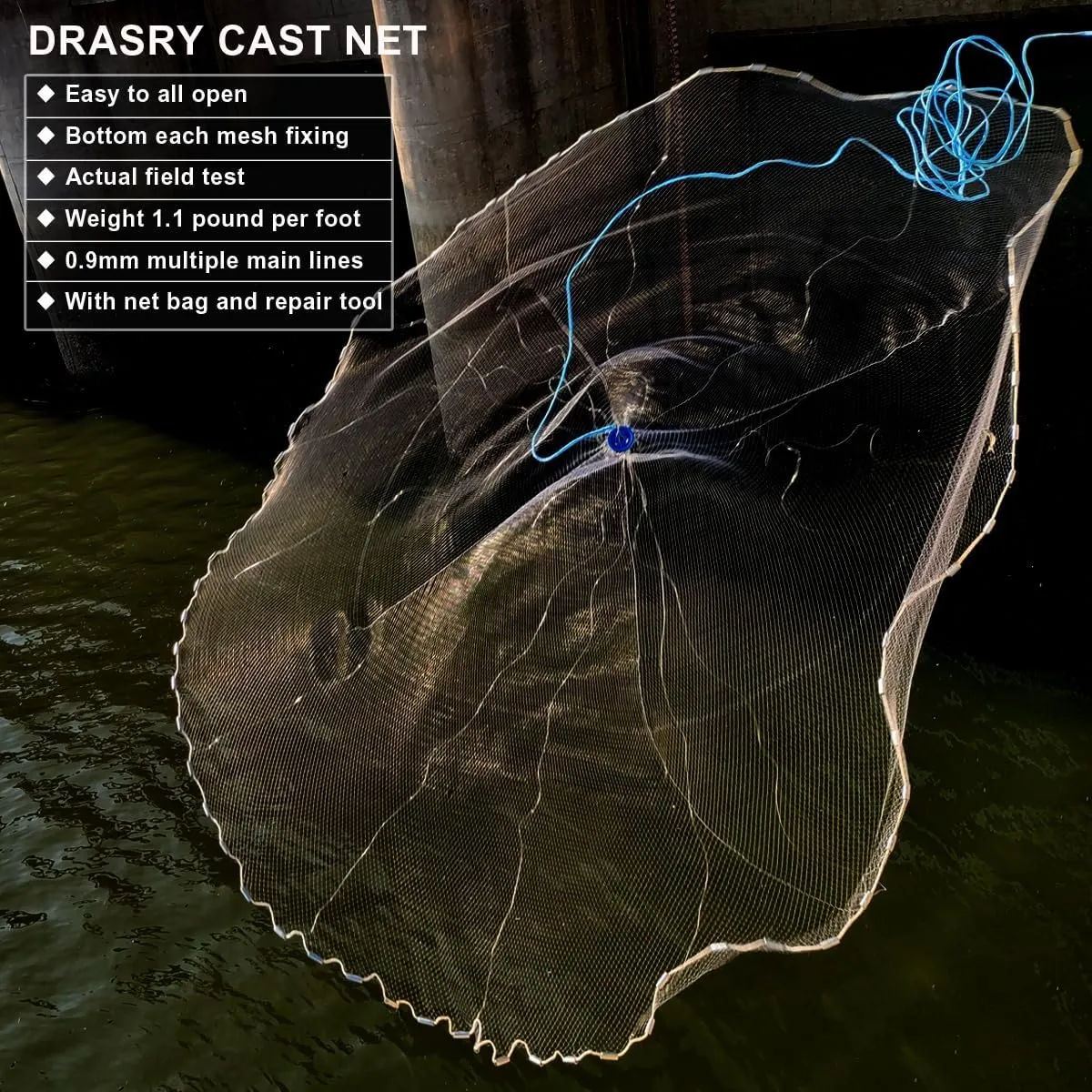 Drasry Saltwater American Fishing Cast Net 3/8inch Mesh Size for Bait Shrimp Trap Fish Heavy Duty Sinkers Throw Net 3FT/4FT/5FT/6FT/7FT/8FT/9FT/10FT Radius