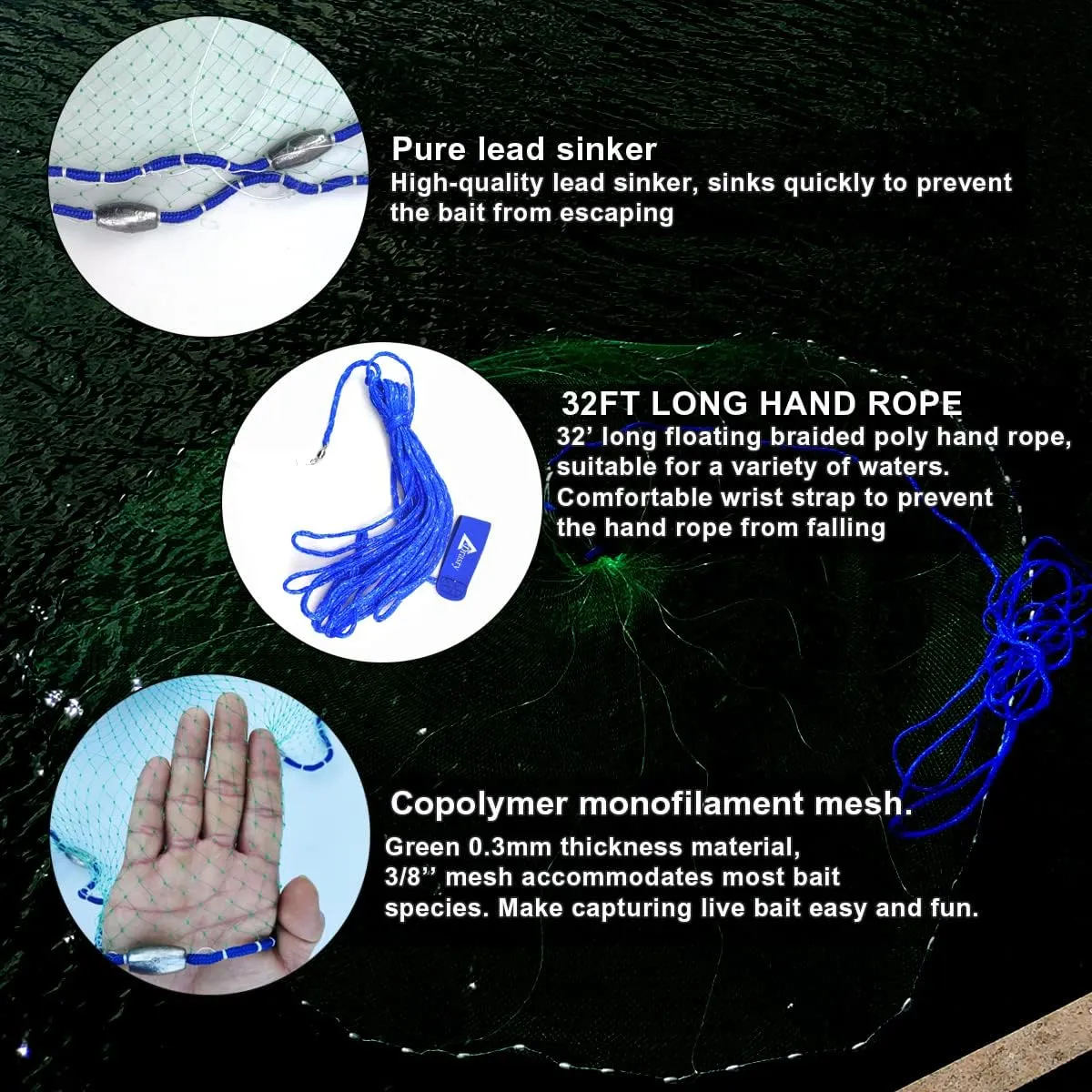 Drasry Saltwater American Fishing Cast Net 3/8inch Mesh Size for Bait Shrimp Trap Fish Heavy Duty Sinkers Throw Net 3FT/4FT/5FT/6FT/7FT/8FT/9FT/10FT Radius