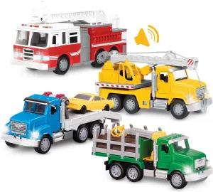 Driven by Battat 4 Toy Vehicles for Kids & Toddlers 7.5" Crane, 7.5" Tow, 7" Log Trucks Lights & Sounds Gift Construction Toys for 3 Year Old 