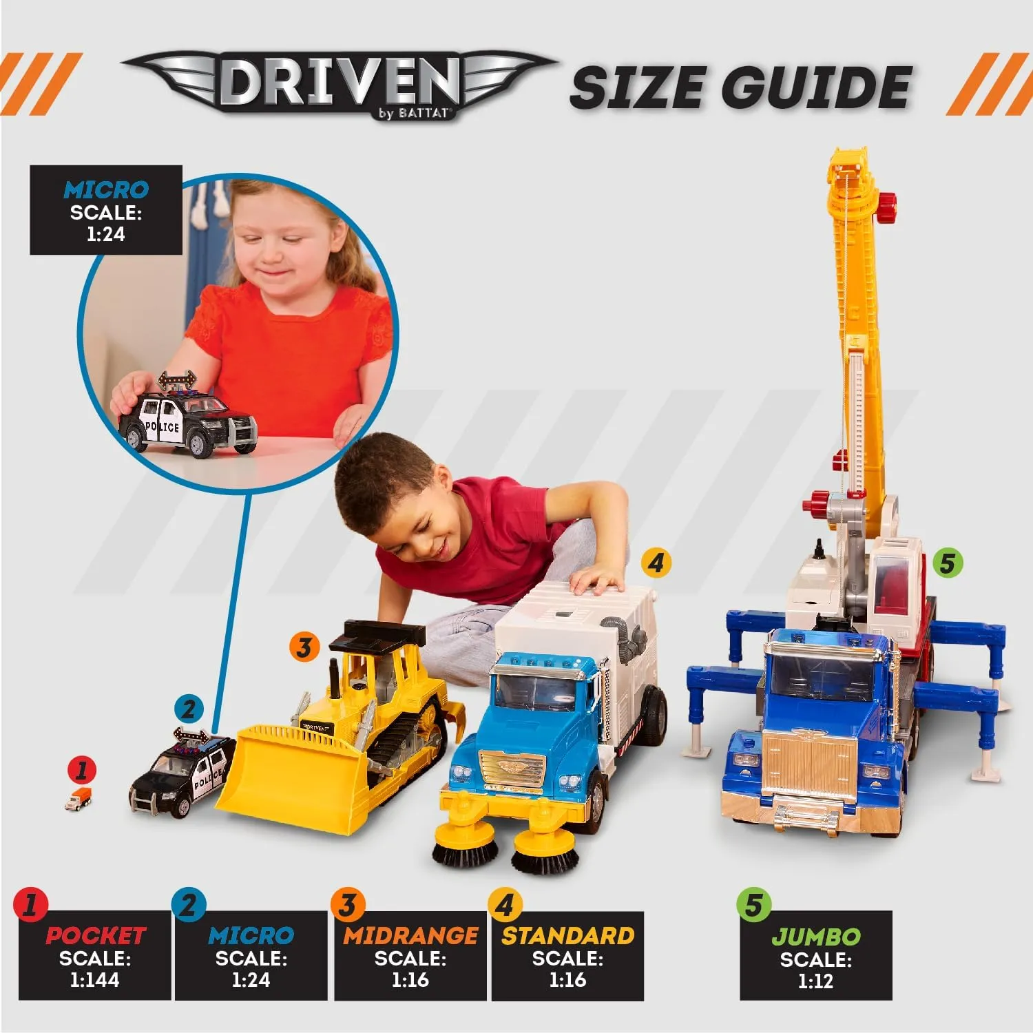 Driven by Battat 4 Toy Vehicles for Kids & Toddlers 7.5" Crane, 7.5" Tow, 7" Log Trucks Lights & Sounds Gift Construction Toys for 3 Year Old 