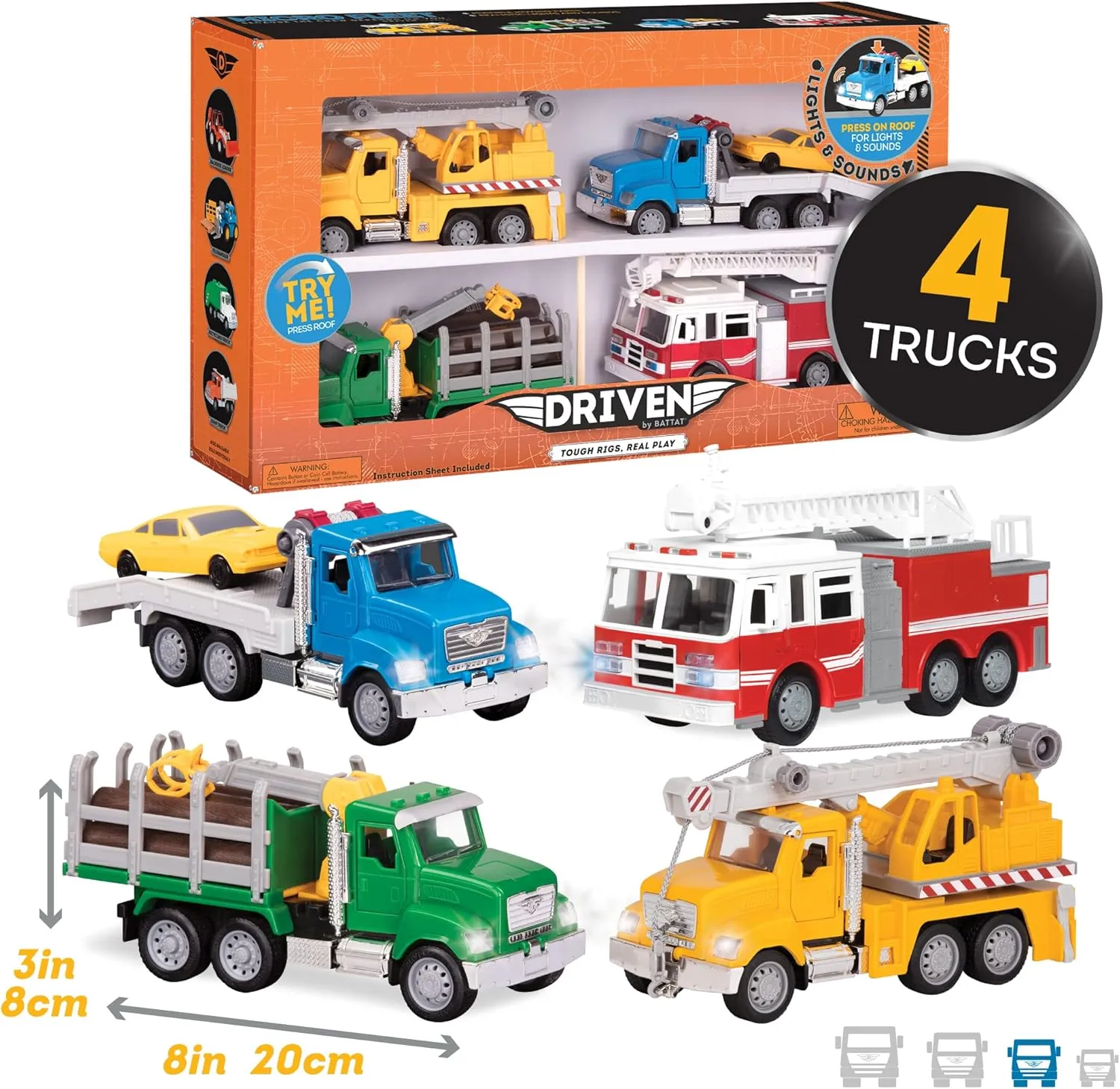 Driven by Battat 4 Toy Vehicles for Kids & Toddlers 7.5" Crane, 7.5" Tow, 7" Log Trucks Lights & Sounds Gift Construction Toys for 3 Year Old 