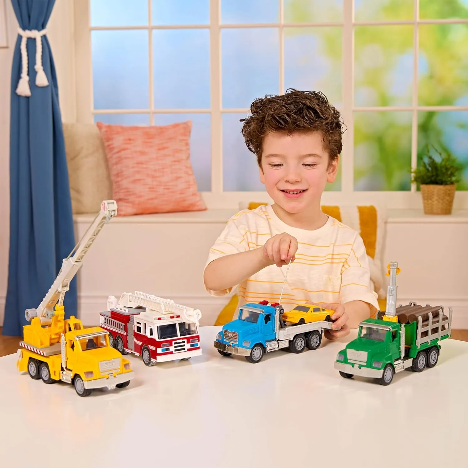 Driven by Battat 4 Toy Vehicles for Kids & Toddlers 7.5" Crane, 7.5" Tow, 7" Log Trucks Lights & Sounds Gift Construction Toys for 3 Year Old 