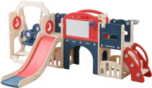 Durable Ecofriendly 12 in 1 Toddler Playset with Swing Playground for Toddlers 1-3 Years Swing and Slide Set Climber Basketball Hoop Tunnel Crawl Toys for Home Indoor Outdoor (Red and Blue)