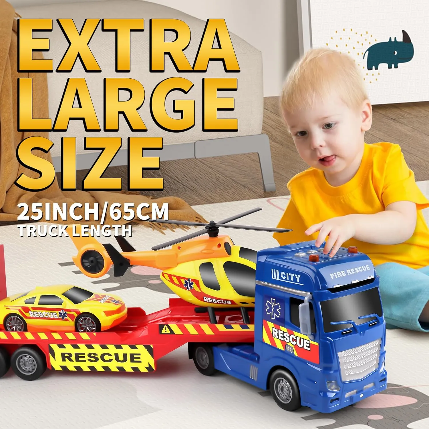 Dwi Dowellin Semi Truck Toy with Lights & Sounds, Racing Car & Helicopter - Birthday Gift for 2-5 Years Old Boys & Girls