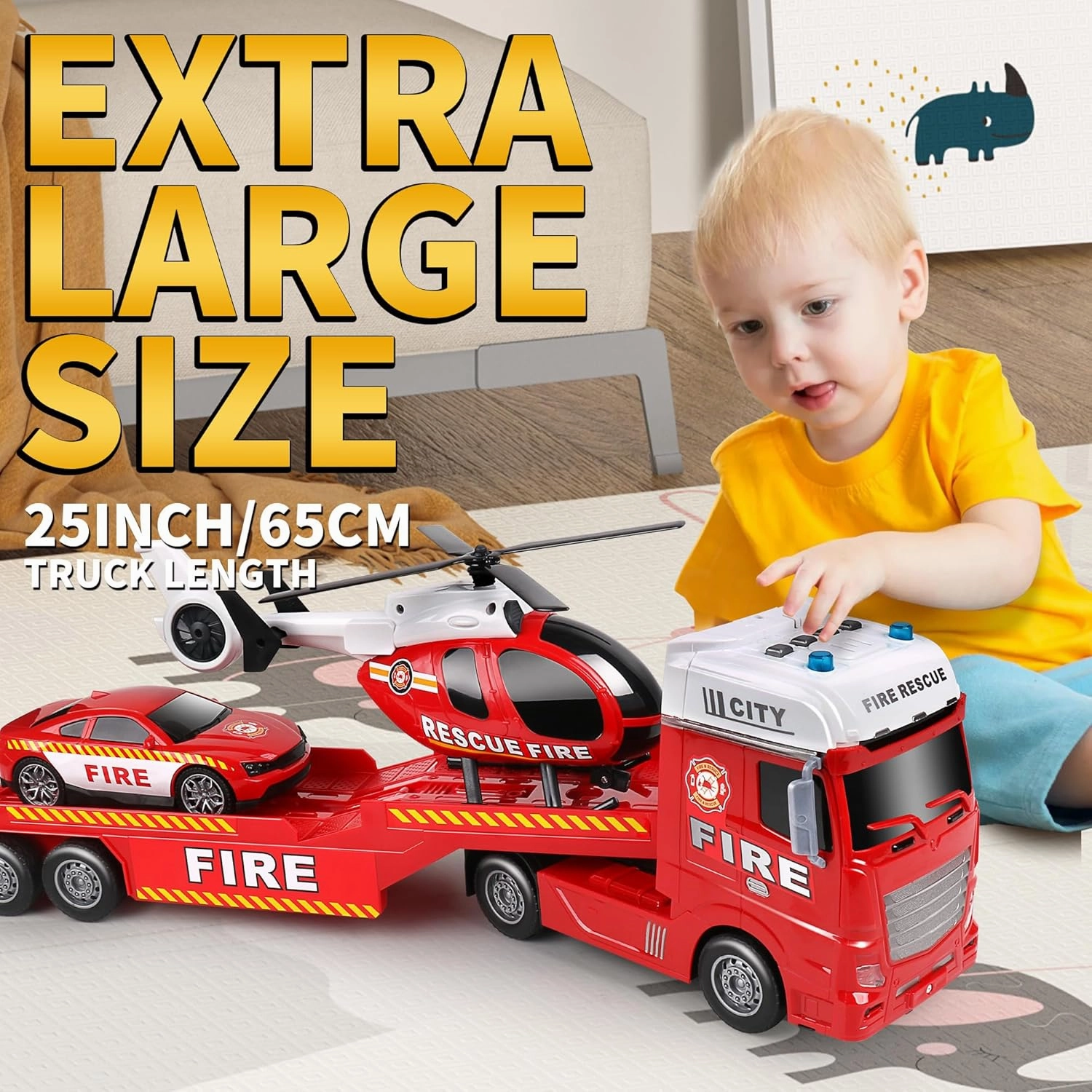 Dwi Dowellin 25.6" Semi Truck Toy with Racing Car and Helicopter for Kids Toddlers - Fire Toys,Birthday Gifts for Boy Toddler Child 2 3 4 5 6 Years Old