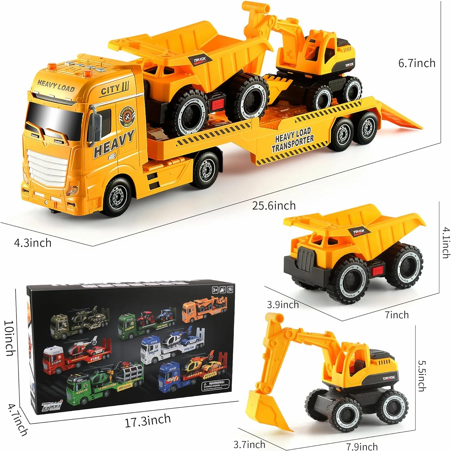 Dwi Dowellin Construction Carrier Semi Truck Toy with Excavator and Dump Truck, Gifts for Age 3-6 Boys & Girls