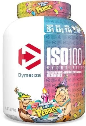 Dymatize ISO100 Whey Protein Powder Isolate, Birthday Cake, 25g of Protein, 5 Pound, 5.5g BCAAs, Less Than 120 Cal., Gluten Free, 1g Fat, 1g Sugar, 2g Carb