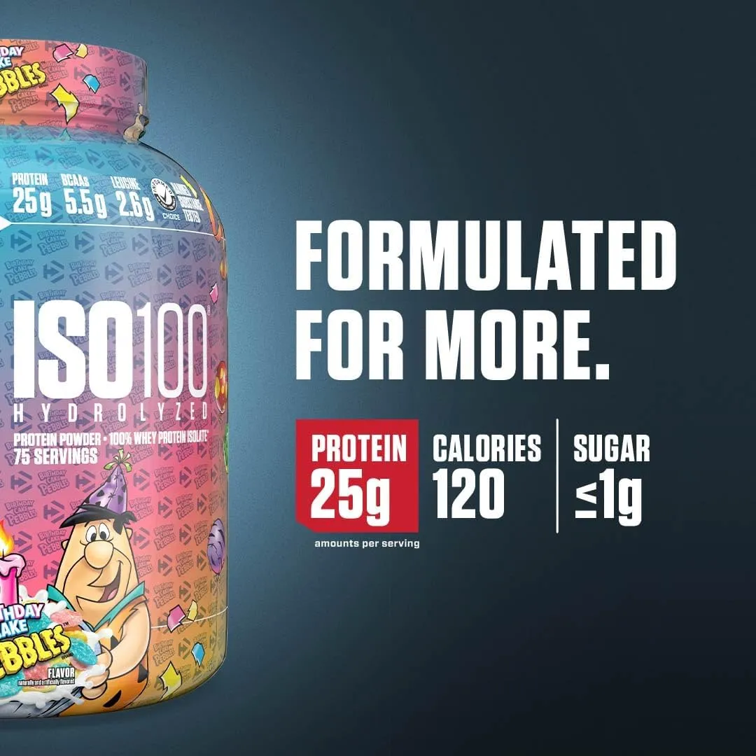 Dymatize ISO100 Whey Protein Powder Isolate, Birthday Cake, 25g of Protein, 5 Pound, 5.5g BCAAs, Less Than 120 Cal., Gluten Free, 1g Fat, 1g Sugar, 2g Carb
