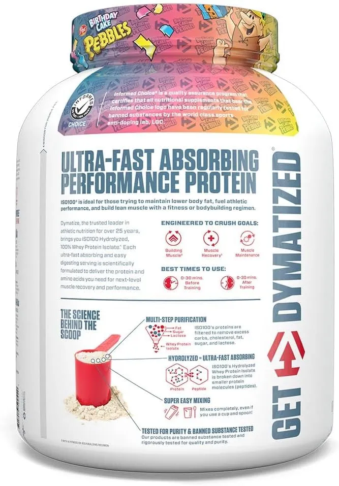 Dymatize ISO100 Whey Protein Powder Isolate, Birthday Cake, 25g of Protein, 5 Pound, 5.5g BCAAs, Less Than 120 Cal., Gluten Free, 1g Fat, 1g Sugar, 2g Carb