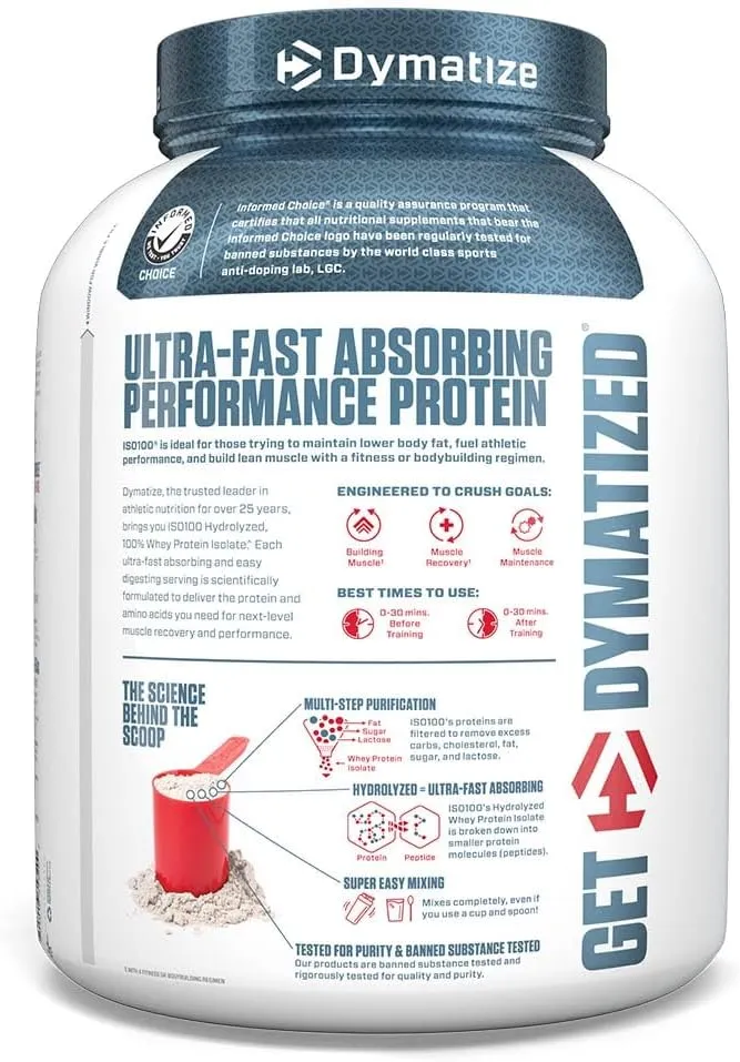 Dymatize ISO100 Whey Protein Powder Isolate, Cookies & Cream, 25g of Protein, 5 Pound, 5.5g BCAAs, Less Than 120 Cal., Gluten Free, 1g Fat, 1g Sugar, 2g Carb