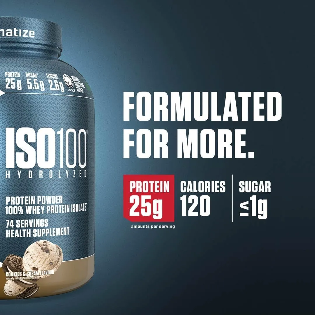 Dymatize ISO100 Whey Protein Powder Isolate, Cookies & Cream, 25g of Protein, 5 Pound, 5.5g BCAAs, Less Than 120 Cal., Gluten Free, 1g Fat, 1g Sugar, 2g Carb
