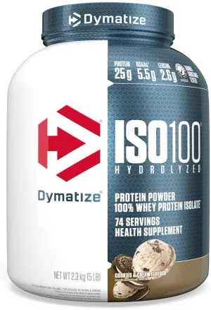 Dymatize ISO100 Whey Protein Powder Isolate, Cookies & Cream, 25g of Protein, 5 Pound, 5.5g BCAAs, Less Than 120 Cal., Gluten Free, 1g Fat, 1g Sugar, 2g Carb