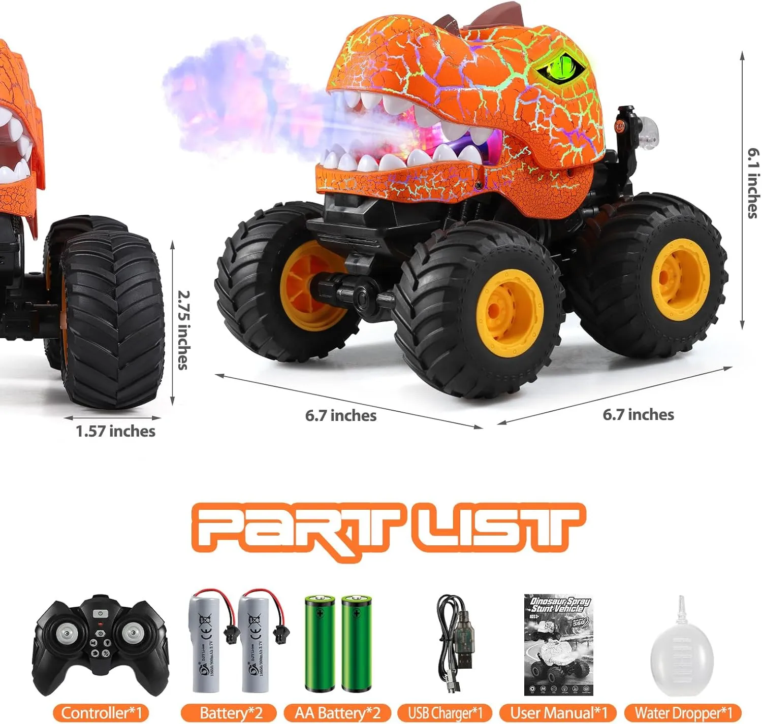 DYODYORC Remote Control Car, 2.4Ghz All Terrain Dinosaur Monster Truck Toys, RC Truck with Spay, Music, 3 Lighting Effects, Stunt Capable, Toy Gifts for Boys and Girls (Orange)