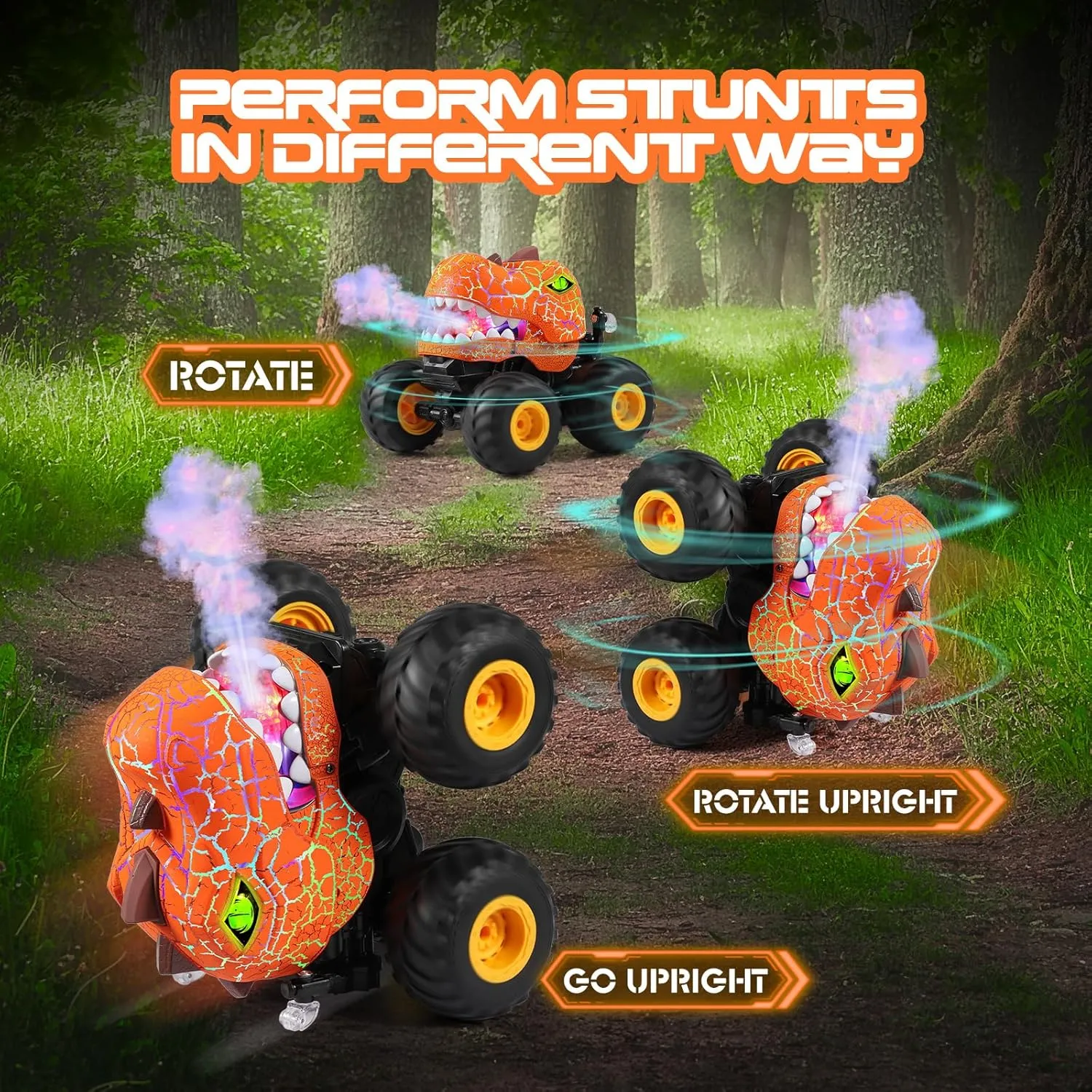 DYODYORC Remote Control Car, 2.4Ghz All Terrain Dinosaur Monster Truck Toys, RC Truck with Spay, Music, 3 Lighting Effects, Stunt Capable, Toy Gifts for Boys and Girls (Orange)