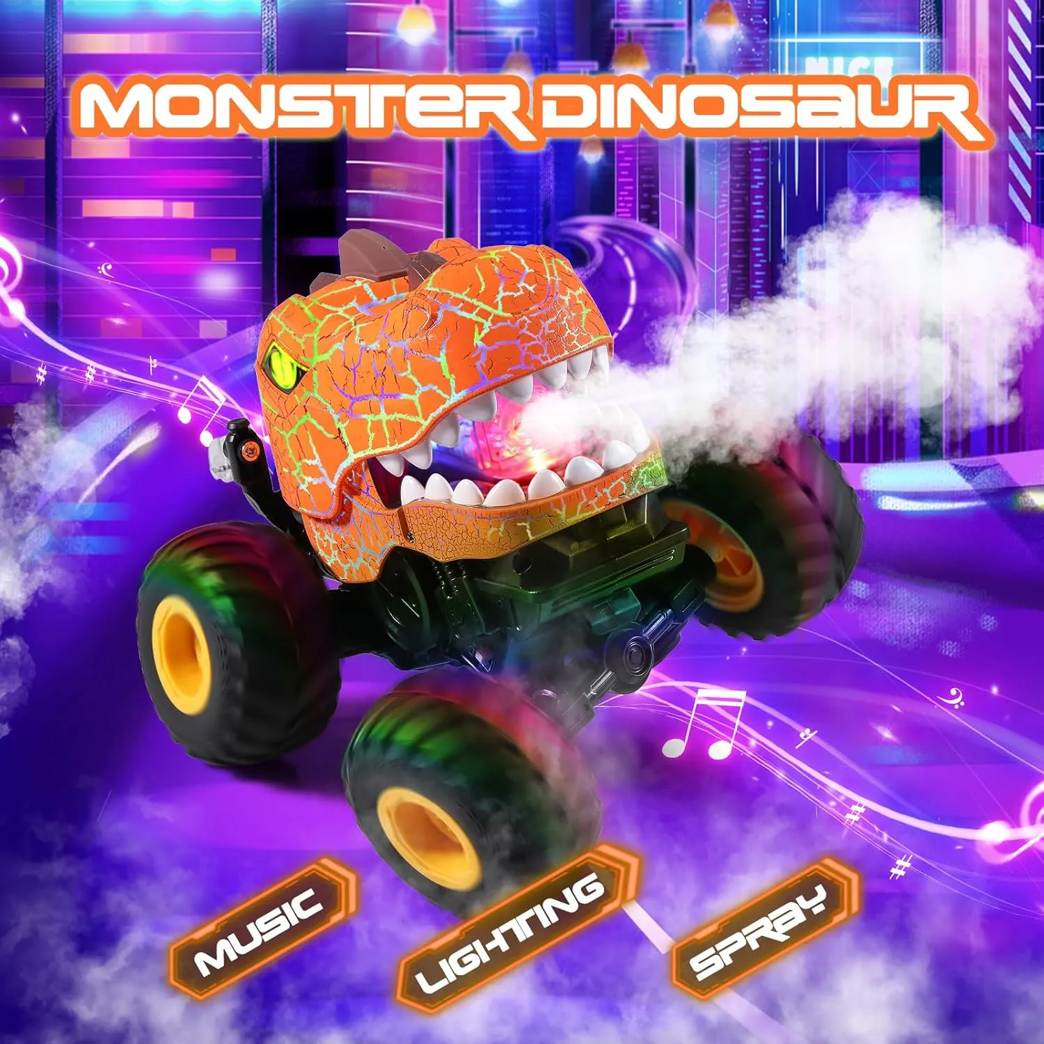 DYODYORC Remote Control Car, 2.4Ghz All Terrain Dinosaur Monster Truck Toys, RC Truck with Spay, Music, 3 Lighting Effects, Stunt Capable, Toy Gifts for Boys and Girls (Orange)