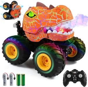 DYODYORC Remote Control Car, 2.4Ghz All Terrain Dinosaur Monster Truck Toys, RC Truck with Spay, Music, 3 Lighting Effects, Stunt Capable, Toy Gifts for Boys and Girls (Orange)