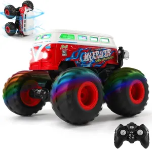 DYODYORC Remote Control Car, 2.4Ghz RC Monster Truck Toys, All Terrain RC Truck with Spray, Music, 3 Lighting Effects, 360 Stunt Capable, All Included Ready to Run, Toy Gifts for Boys and Girl (Red)