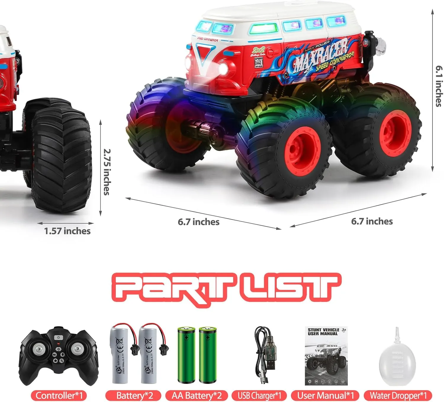DYODYORC Remote Control Car, 2.4Ghz RC Monster Truck Toys, All Terrain RC Truck with Spray, Music, 3 Lighting Effects, 360 Stunt Capable, All Included Ready to Run, Toy Gifts for Boys and Girl (Red)