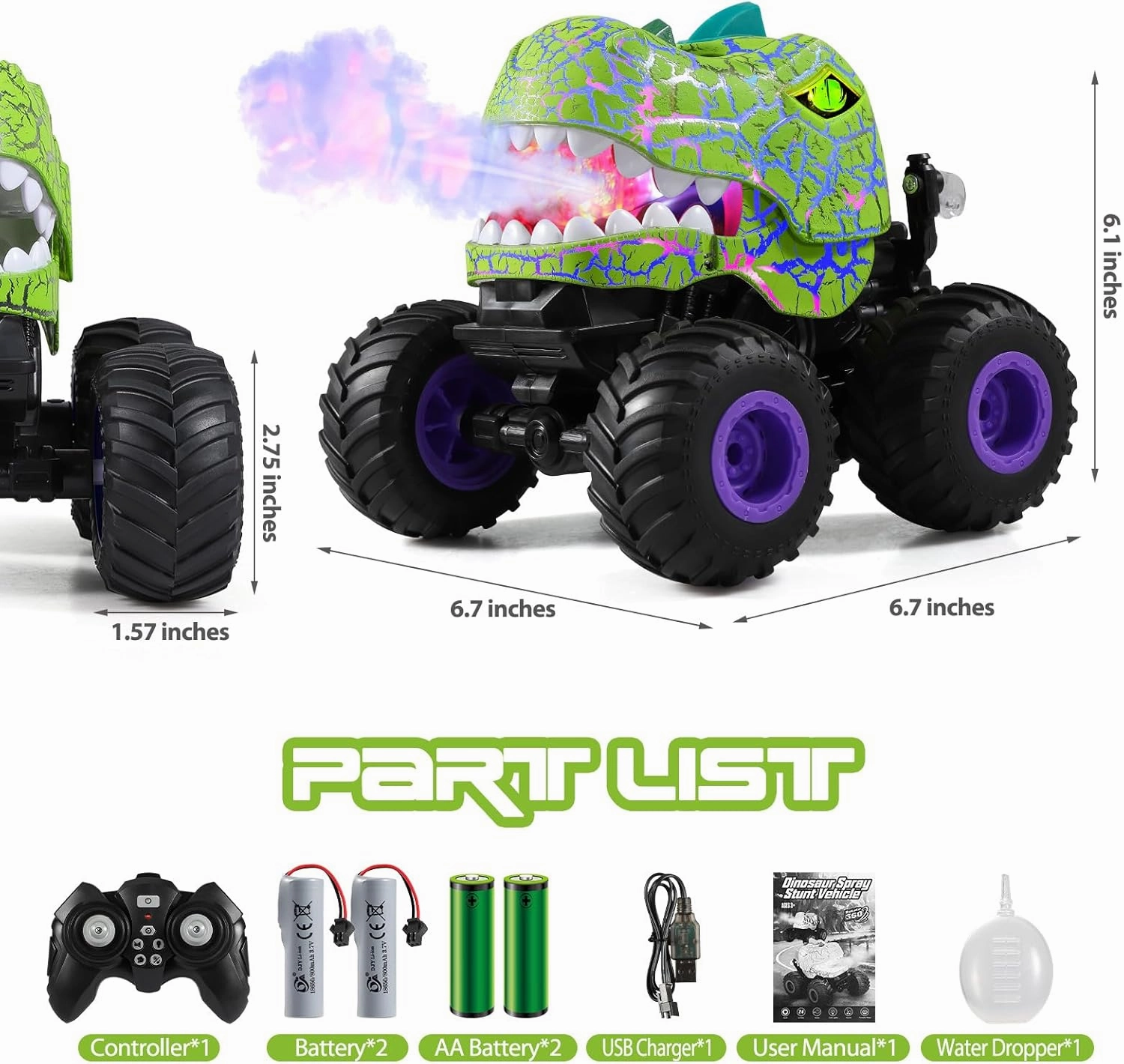 DYODYORC Remote Control Car, 2.4Ghz All Terrain Dinosaur Monster Truck Toys, RC Truck with Spay, Music, 3 Lighting Effects, Stunt Capable, Toy Gifts for Boys and Girls (Green Purple)