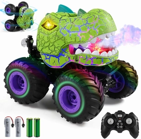 DYODYORC Remote Control Car, 2.4Ghz All Terrain Dinosaur Monster Truck Toys, RC Truck with Spay, Music, 3 Lighting Effects, Stunt Capable, Toy Gifts for Boys and Girls (Green Purple)