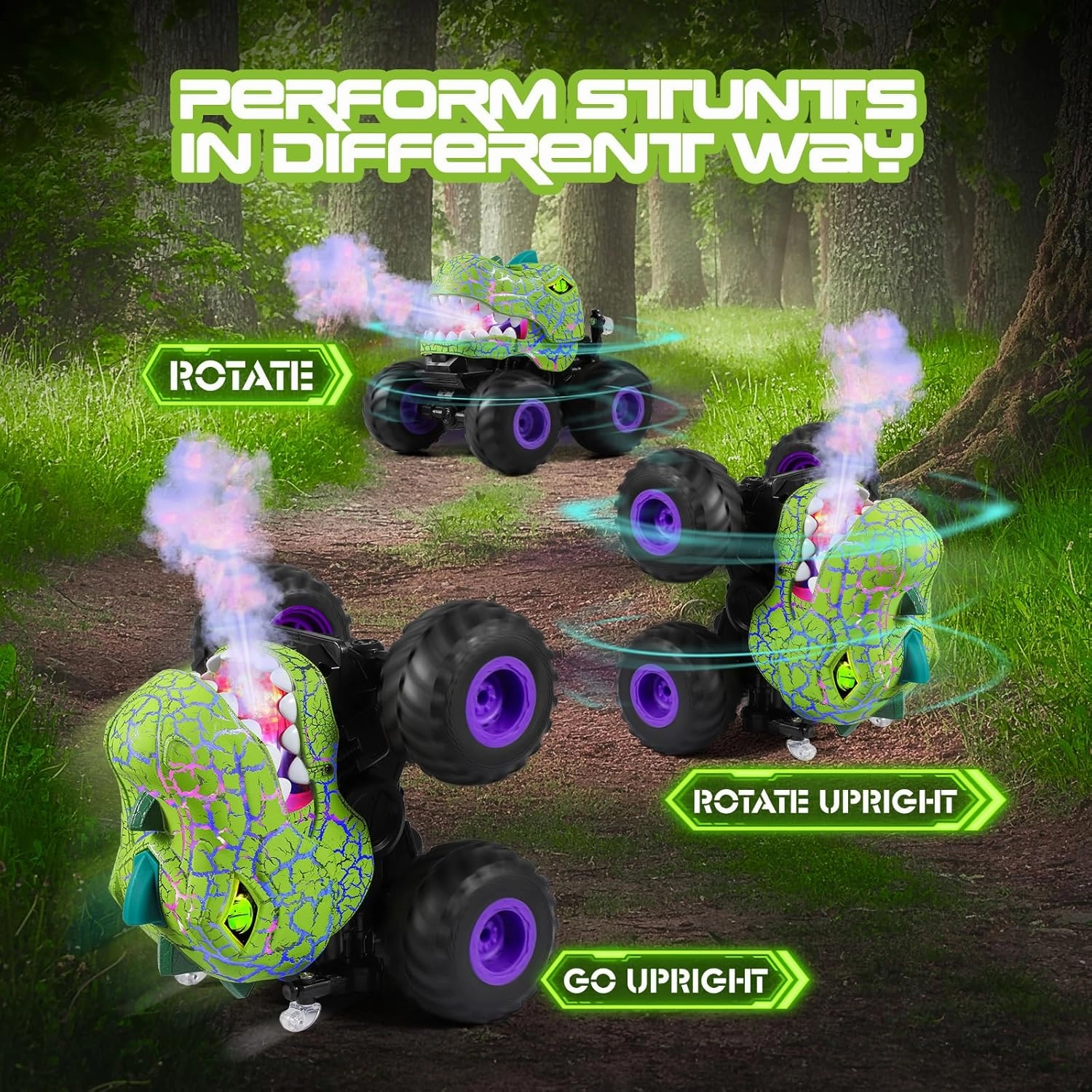 DYODYORC Remote Control Car, 2.4Ghz All Terrain Dinosaur Monster Truck Toys, RC Truck with Spay, Music, 3 Lighting Effects, Stunt Capable, Toy Gifts for Boys and Girls (Green Purple)