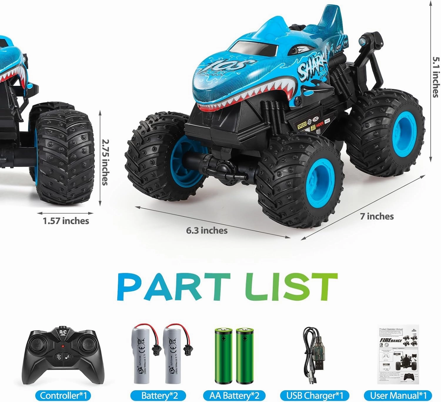 DYODYORC Remote Control Car, 2.4Ghz All Terrain Shark Monster Truck Toys, RC Truck with Music, 3 Lighting Effects, 360 Stunt Capable, All Included Ready to Run, Toy Gifts for Boys and Girls (Blue)