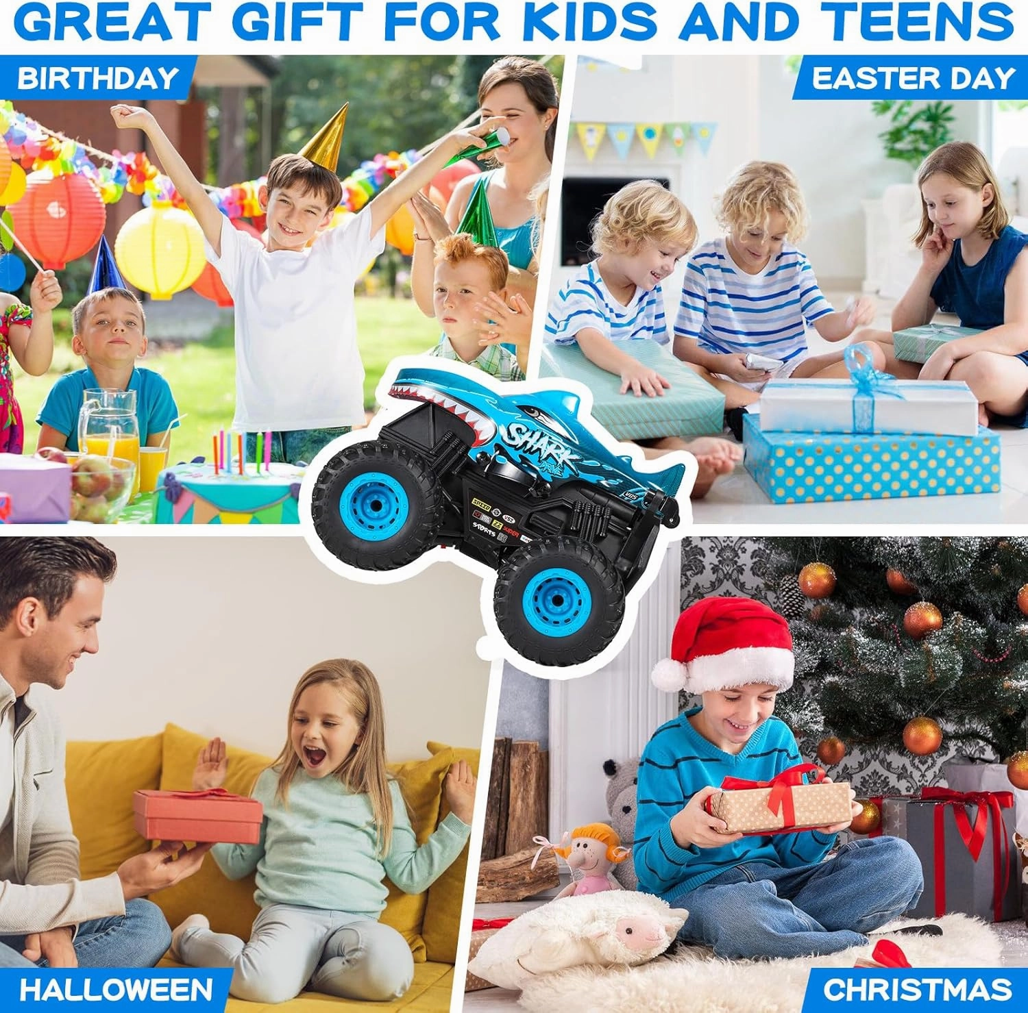 DYODYORC Remote Control Car, 2.4Ghz All Terrain Shark Monster Truck Toys, RC Truck with Music, 3 Lighting Effects, 360 Stunt Capable, All Included Ready to Run, Toy Gifts for Boys and Girls (Blue)