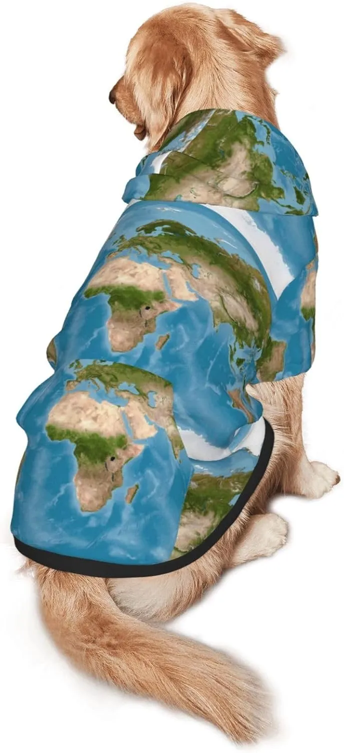 Earth View World Map Dog Hoodie Soft and Warm Dog Hoodie Sweater with Leash Hole and Pocket Dog Winter Sweatshirt Warm Pet Clothes for Medium Large Dogs