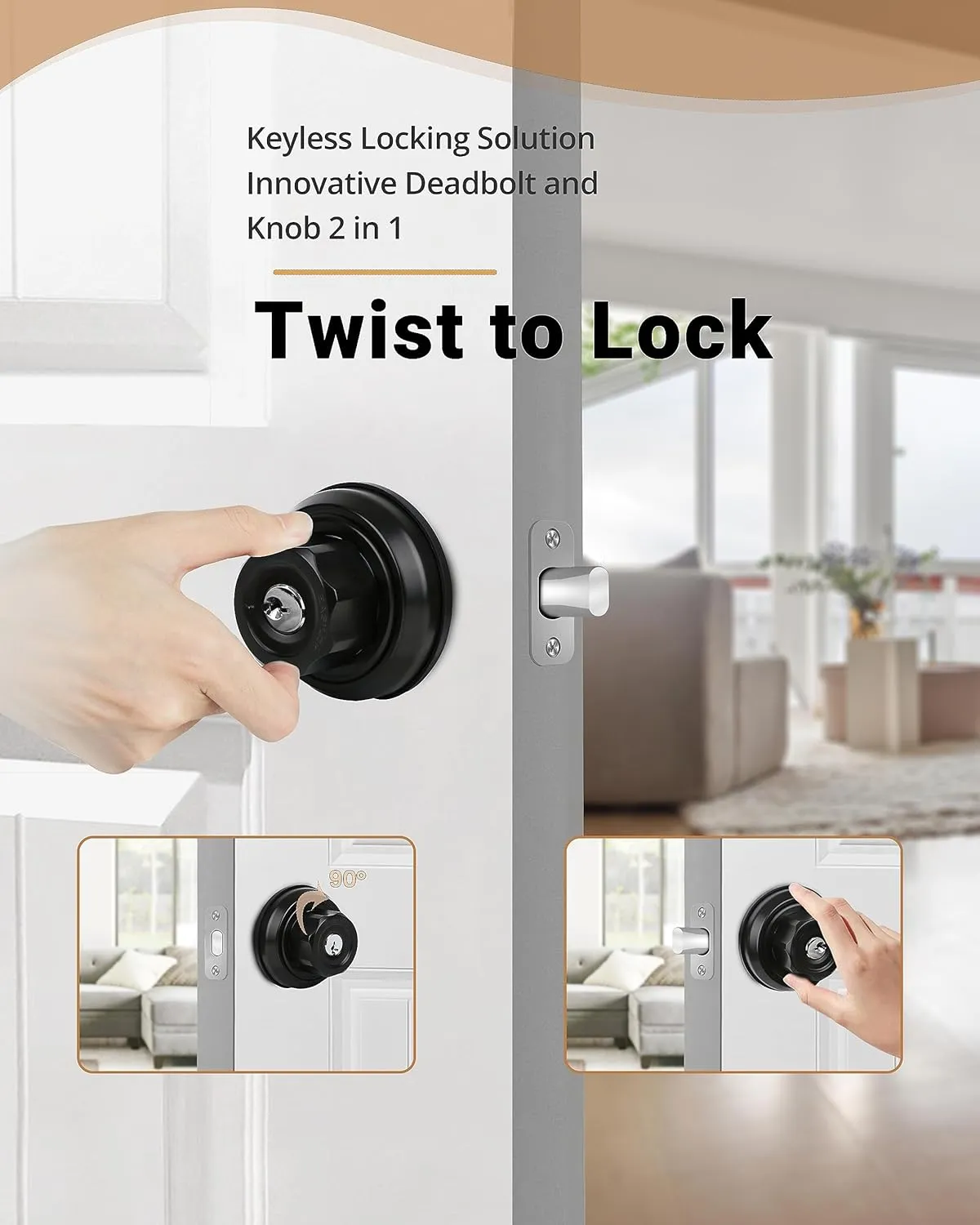 EASlLOK Deadbolt Twist-to-Lock Front Door Lock Keyless Heavy Duty Single Cylinder Deadbolt (Zinc Alloy, Black, 1 Pack)